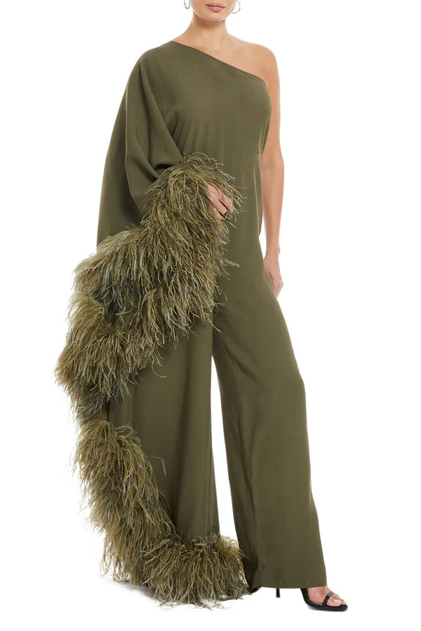 Olive one-shoulder jumpsuit with feathered trim details — Taller Marmo | Endless UAE