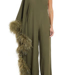Olive one-shoulder jumpsuit with feathered trim details — Taller Marmo | Endless UAE