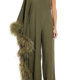 Olive one-shoulder jumpsuit with feathered trim details — Taller Marmo | Endless UAE