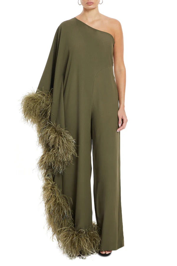 Olive one-shoulder jumpsuit with feathered trim details — Taller Marmo | Endless UAE