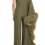 Olive one-shoulder jumpsuit with feathered trim details — Taller Marmo | Endless UAE
