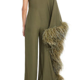 Olive one-shoulder jumpsuit with feathered trim details — Taller Marmo | Endless UAE