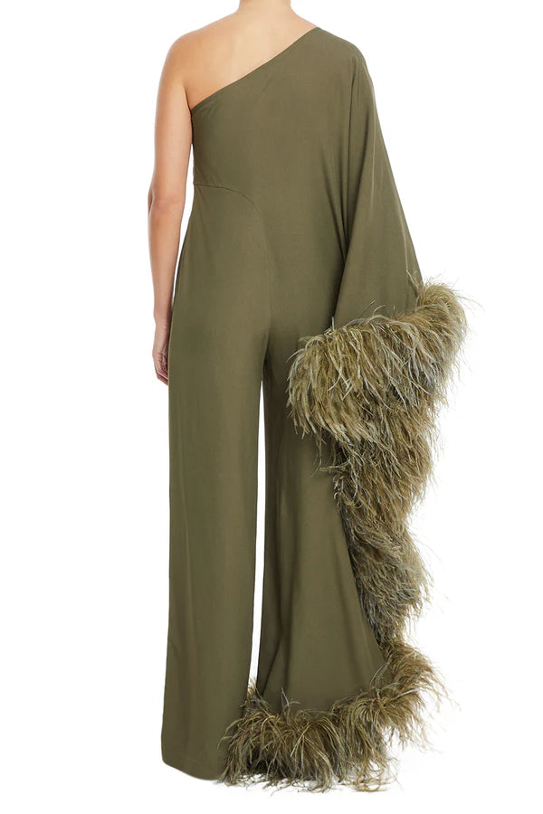 Olive one-shoulder jumpsuit with feathered trim details — Taller Marmo | Endless UAE