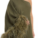 Olive one-shoulder jumpsuit with feathered trim details — Taller Marmo | Endless UAE