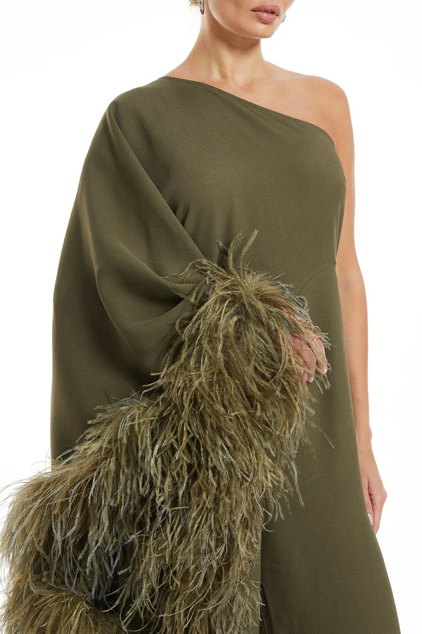 Olive one-shoulder jumpsuit with feathered trim details — Taller Marmo | Endless UAE