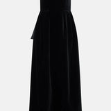 Black velvet strapless gown with satin trim and silver clutch — Dice Kayek | Endless UAE