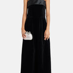 Black velvet strapless gown with satin trim and silver clutch — Dice Kayek | Endless UAE