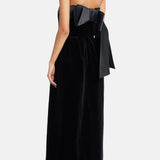 Black velvet strapless gown with satin trim and silver clutch — Dice Kayek | Endless UAE