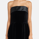 Black velvet strapless gown with satin trim and silver clutch — Dice Kayek | Endless UAE