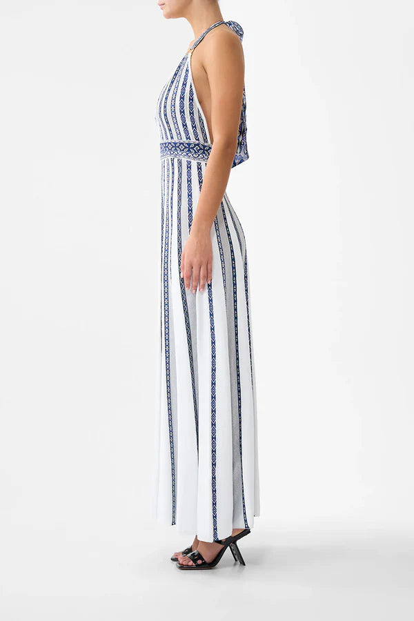 Woman wearing striped halter neck sleeveless knit maxi dress with navy and white vertical stripes — Camilla | Endless UAE