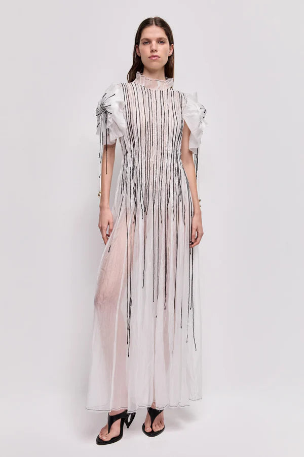 Clara Maxi Dress in white with pleated bodice and puff sleeves — Aje | Endless UAE