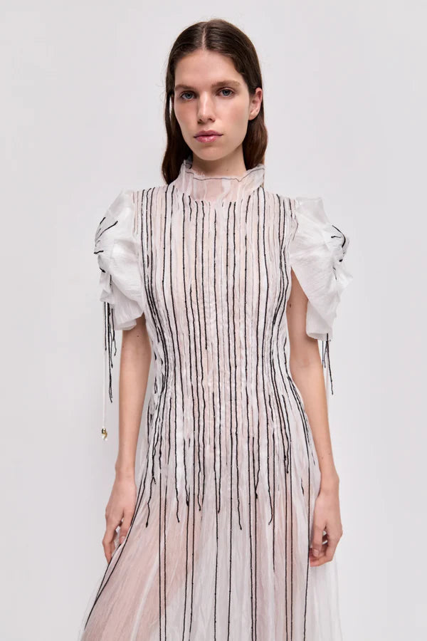 Clara Maxi Dress in white with pleated bodice and puff sleeves — Aje | Endless UAE
