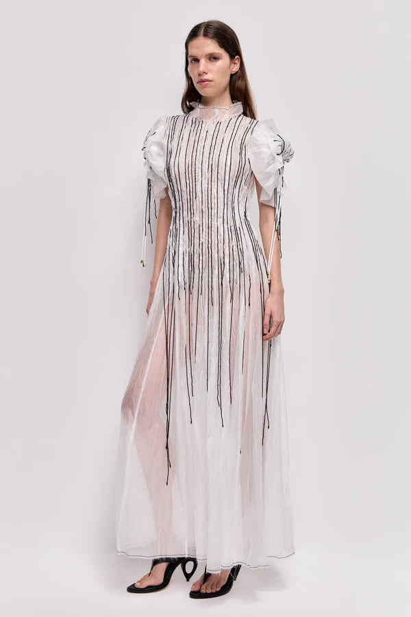 Clara Maxi Dress in white with pleated bodice and puff sleeves — Aje | Endless UAE