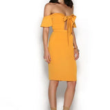 Golden yellow off-shoulder midi dress with bow detail — Runaway The Label | Endless UAE