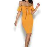 Golden yellow off-shoulder midi dress with bow detail — Runaway The Label | Endless UAE