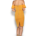 Golden yellow off-shoulder midi dress with bow detail — Runaway The Label | Endless UAE