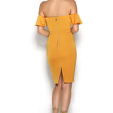 Golden yellow off-shoulder midi dress with bow detail — Runaway The Label | Endless UAE