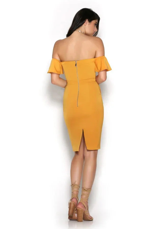 Golden yellow off-shoulder midi dress with bow detail — Runaway The Label | Endless UAE