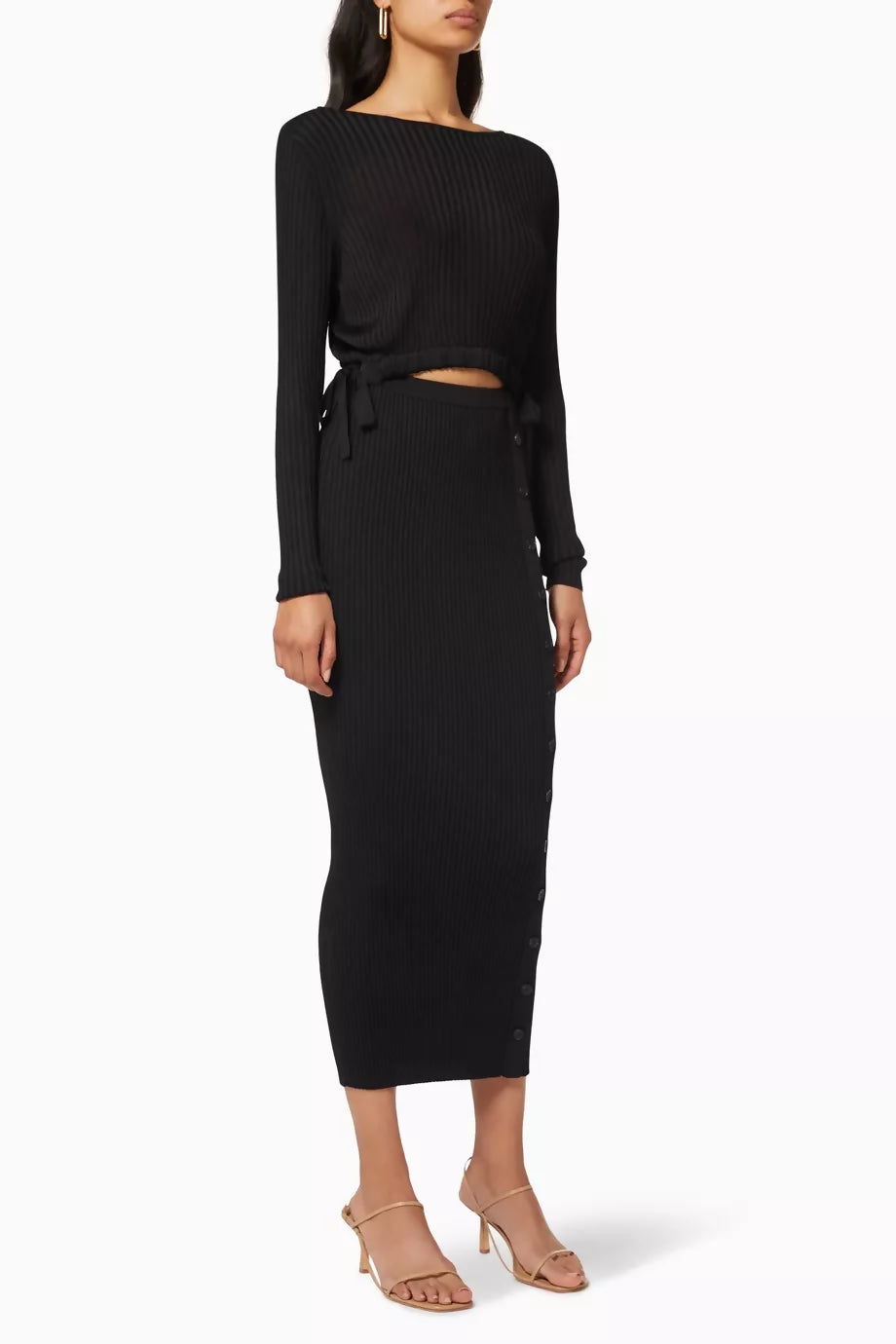 Black ribbed knit midi dress with cut-out details and side slit — Self-Portrait | Endless UAE