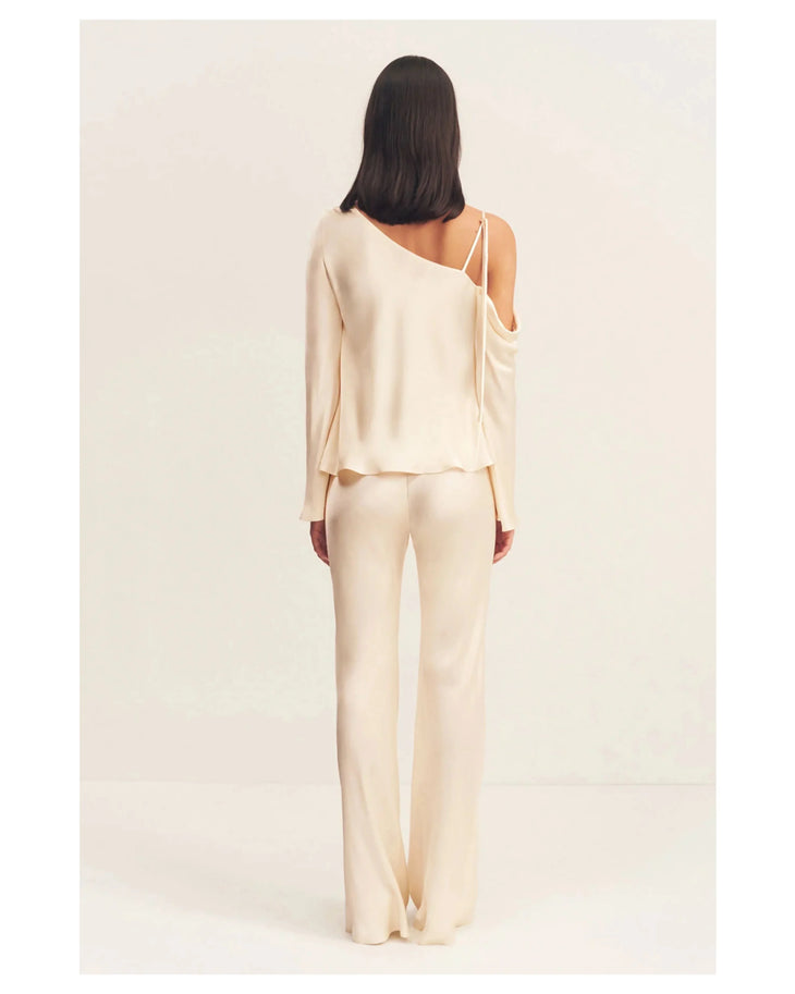 Lune Asymmetrical Long Sleeve Top in cream with cold shoulder detail — Shona Joy | Endless UAE