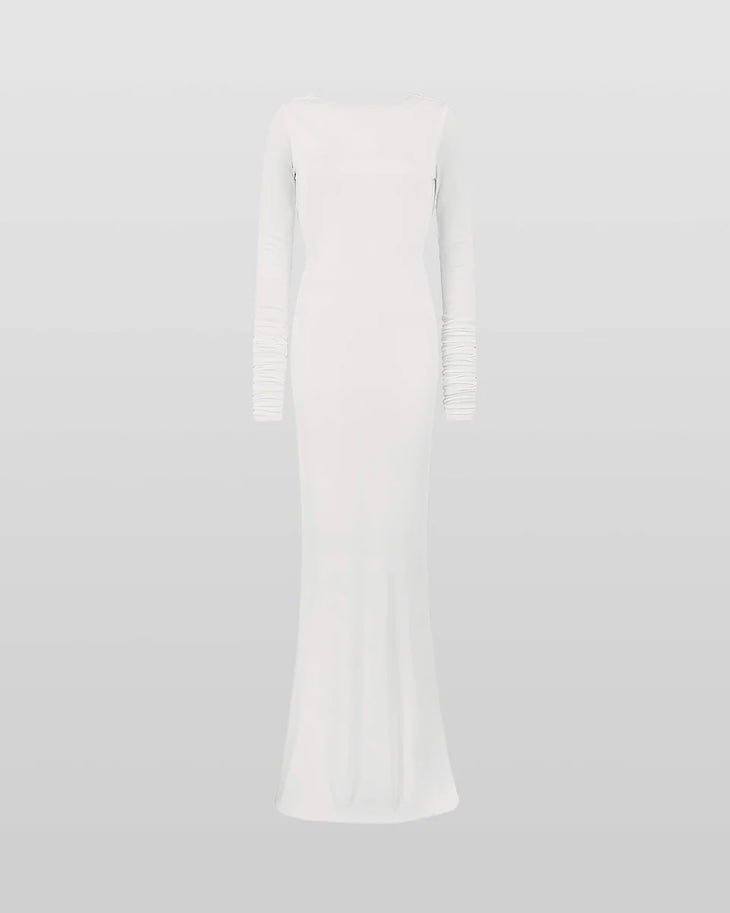 Woman wearing a cream long-sleeved fitted maxi dress with a crew neckline — Rat & Boa | Endless UAE