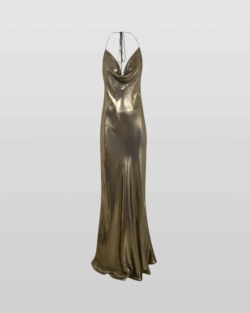 Olive green satin halter neck maxi dress with cowl neckline and bias cut skirt — Rat & Boa | Endless UAE