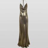 Olive green satin halter neck maxi dress with cowl neckline and bias cut skirt — Rat & Boa | Endless UAE
