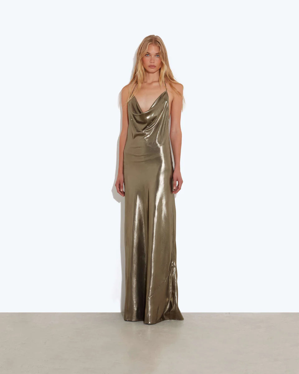 Metallic gold cowl neck maxi slip dress with thin straps and floor-length silhouette — Rat & Boa | Endless UAE