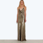 Metallic gold cowl neck maxi slip dress with thin straps and floor-length silhouette — Rat & Boa | Endless UAE