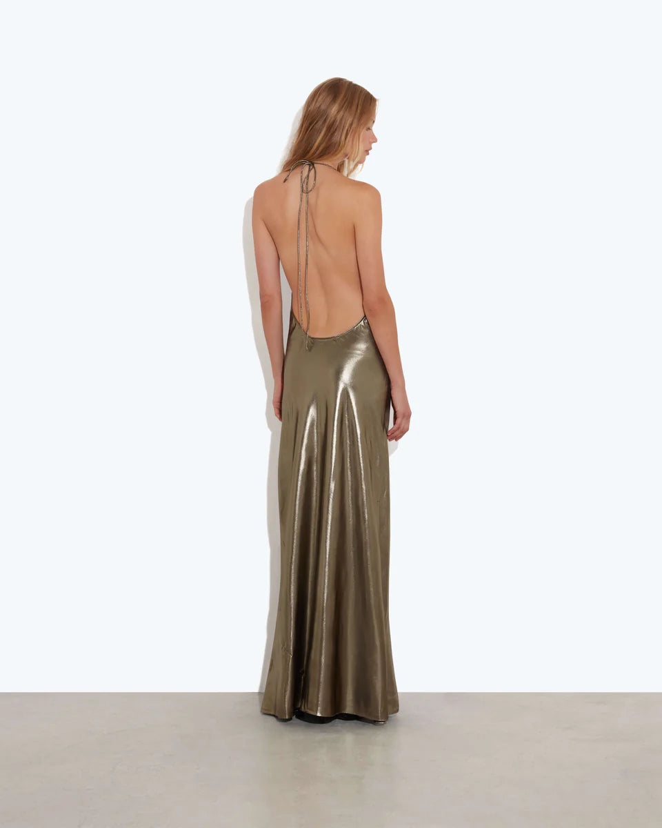 Metallic gold backless halter maxi dress with plunging back and flowing skirt — Rat & Boa | Endless UAE