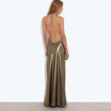 Metallic gold backless halter maxi dress with plunging back and flowing skirt — Rat & Boa | Endless UAE