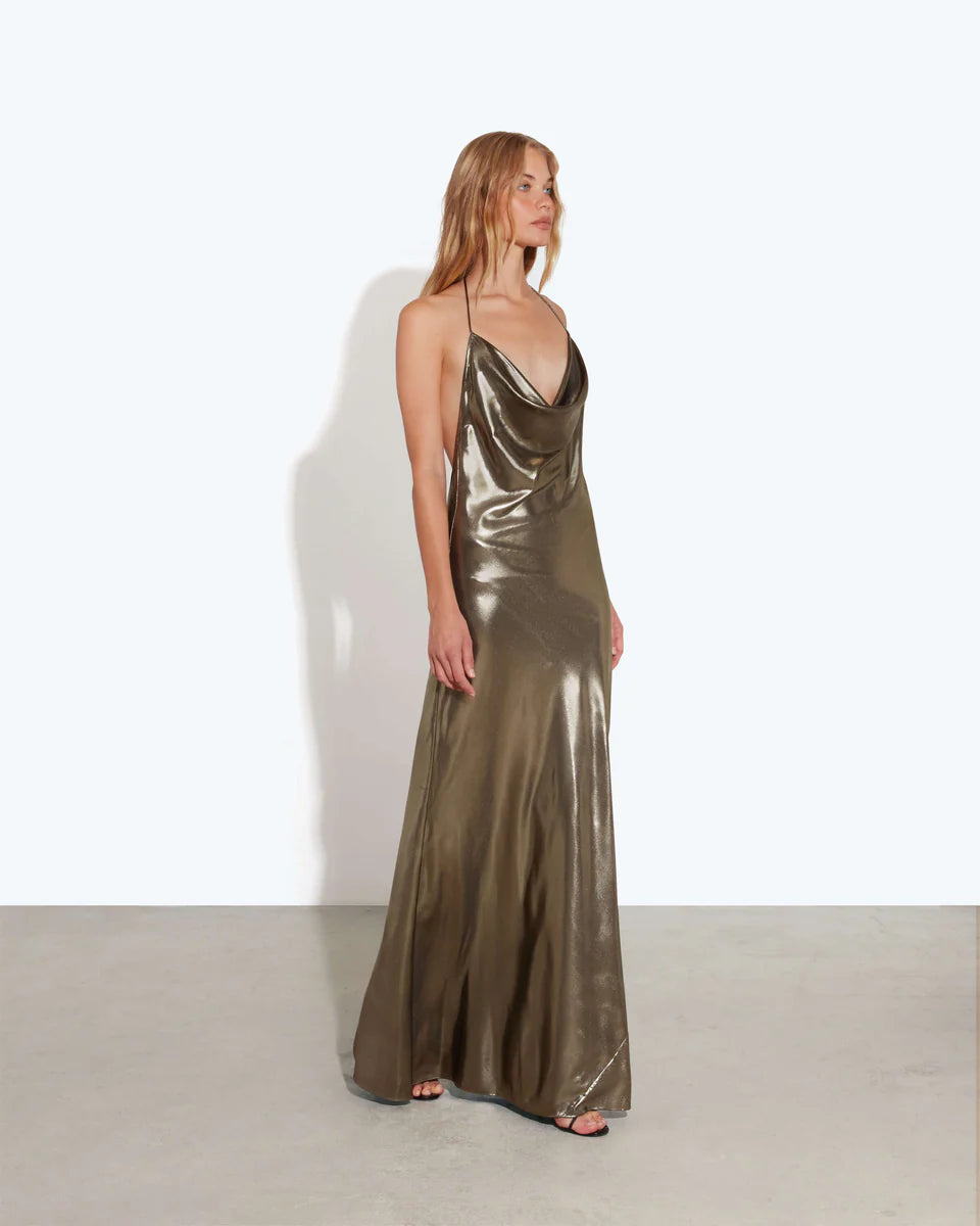 Metallic olive green satin maxi dress with cowl neckline and thin straps — Rat & Boa | Endless UAE