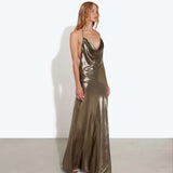 Metallic olive green satin maxi dress with cowl neckline and thin straps — Rat & Boa | Endless UAE