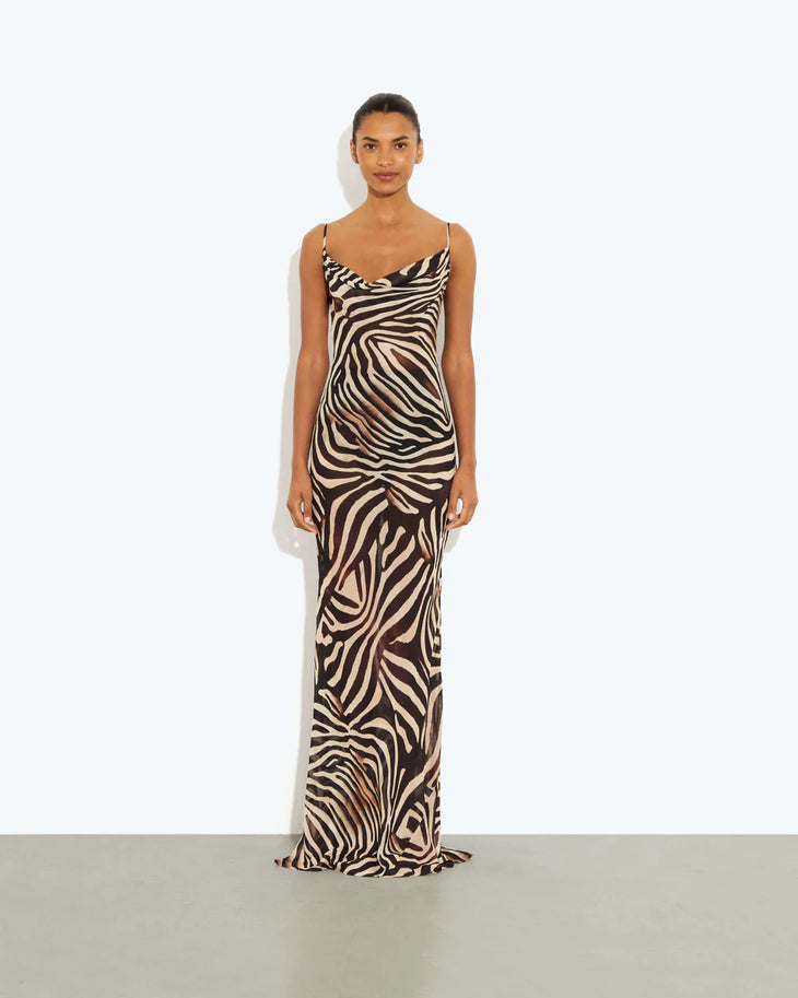 Zebra print cowl neck maxi dress in black and cream — Rat & Boa | Endless UAE