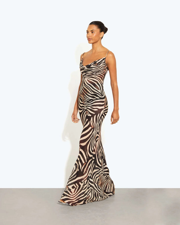 Zebra print cowl neck maxi dress in black and cream — Rat & Boa | Endless UAE