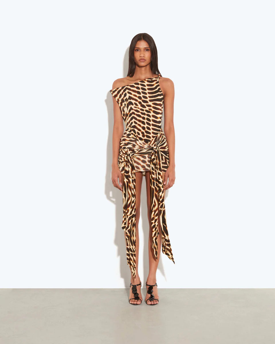 Bruna Dress in zebra print with asymmetric neckline and side tie detail — Rat & Boa | Endless UAE