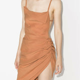 Terracotta ruched asymmetrical mini dress with thin straps and side gathering detail — Jacquemus | Endless UAE