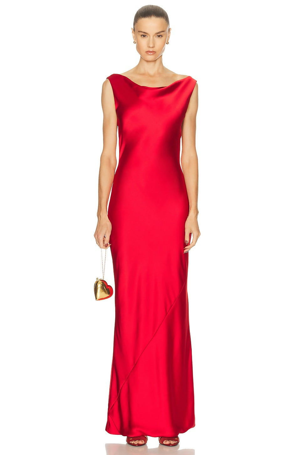 Elegant red satin sleeveless gown with draped neckline and low back, floor-length silhouette — Norma Kamali | Endless UAE