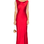 Elegant red satin sleeveless gown with draped neckline and low back, floor-length silhouette — Norma Kamali | Endless UAE