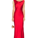 Elegant red satin sleeveless gown with draped neckline and low back, floor-length silhouette — Norma Kamali | Endless UAE
