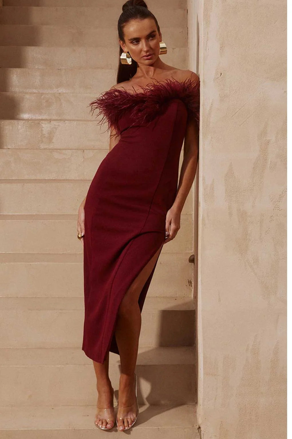 Burgundy off-shoulder midi dress with feathered neckline and high slit — Runaway The Label | Endless UAE