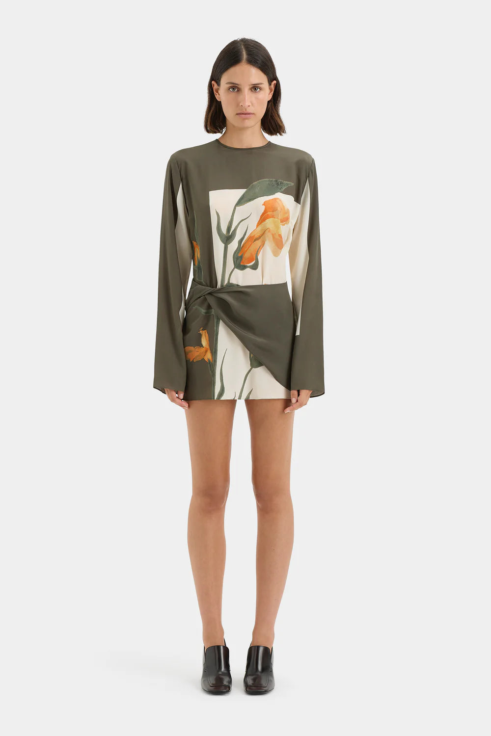 Constance Twist Mini Dress in olive with orange floral print — Sir The Label | Endless UAE