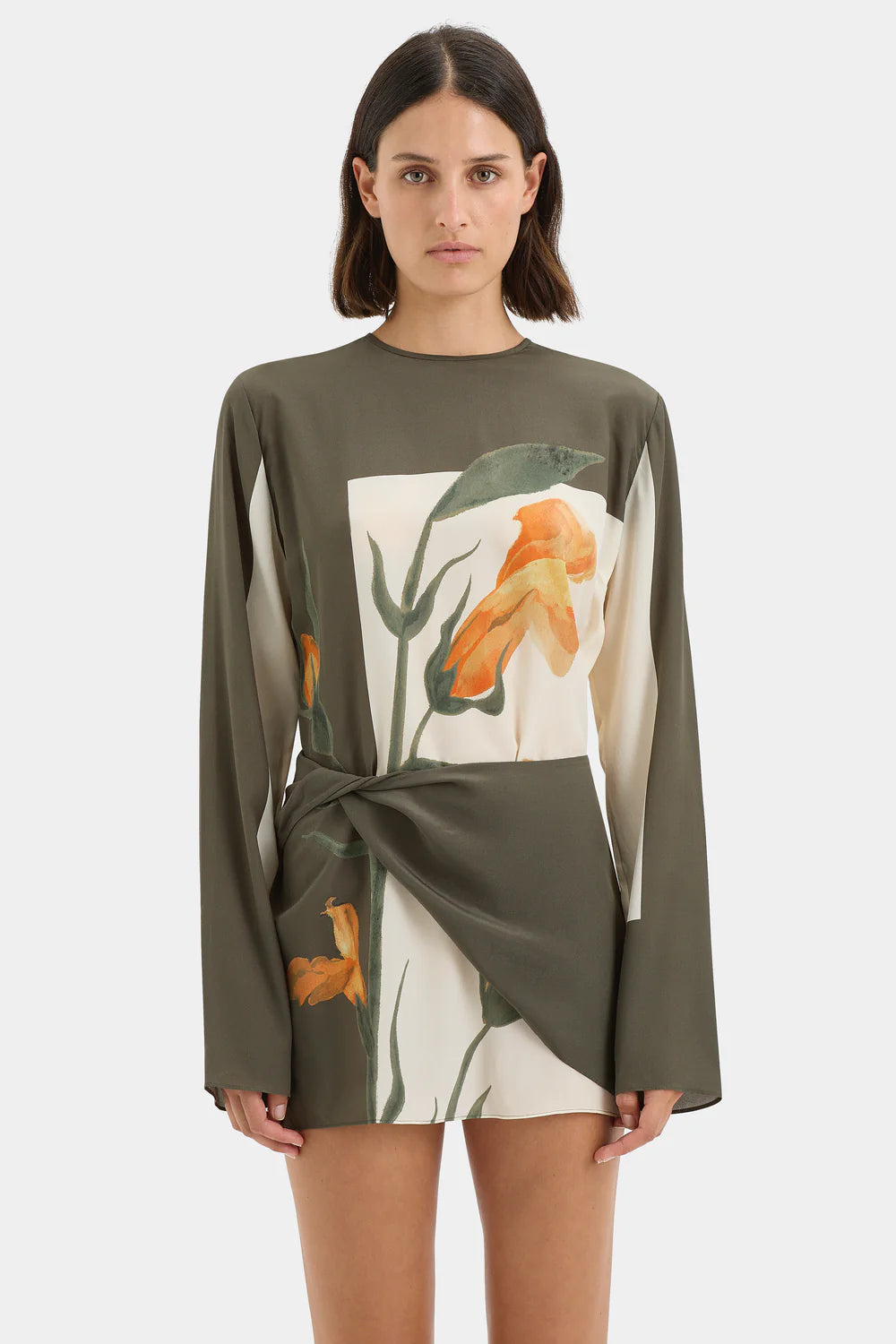 Constance Twist Mini Dress in olive with orange floral print — Sir The Label | Endless UAE