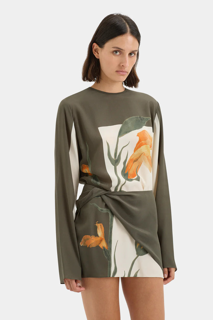 Constance Twist Mini Dress in olive with orange floral print — Sir The Label | Endless UAE