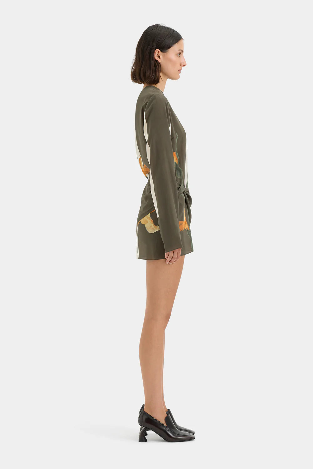 Constance Twist Mini Dress in olive with orange floral print — Sir The Label | Endless UAE