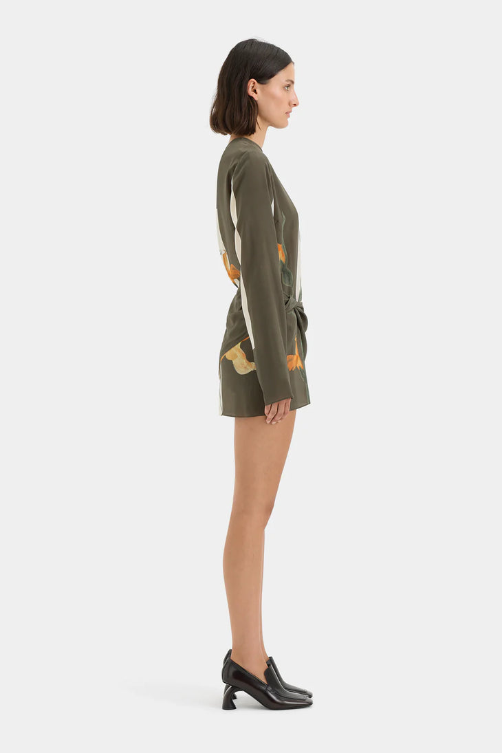 Constance Twist Mini Dress in olive with orange floral print — Sir The Label | Endless UAE