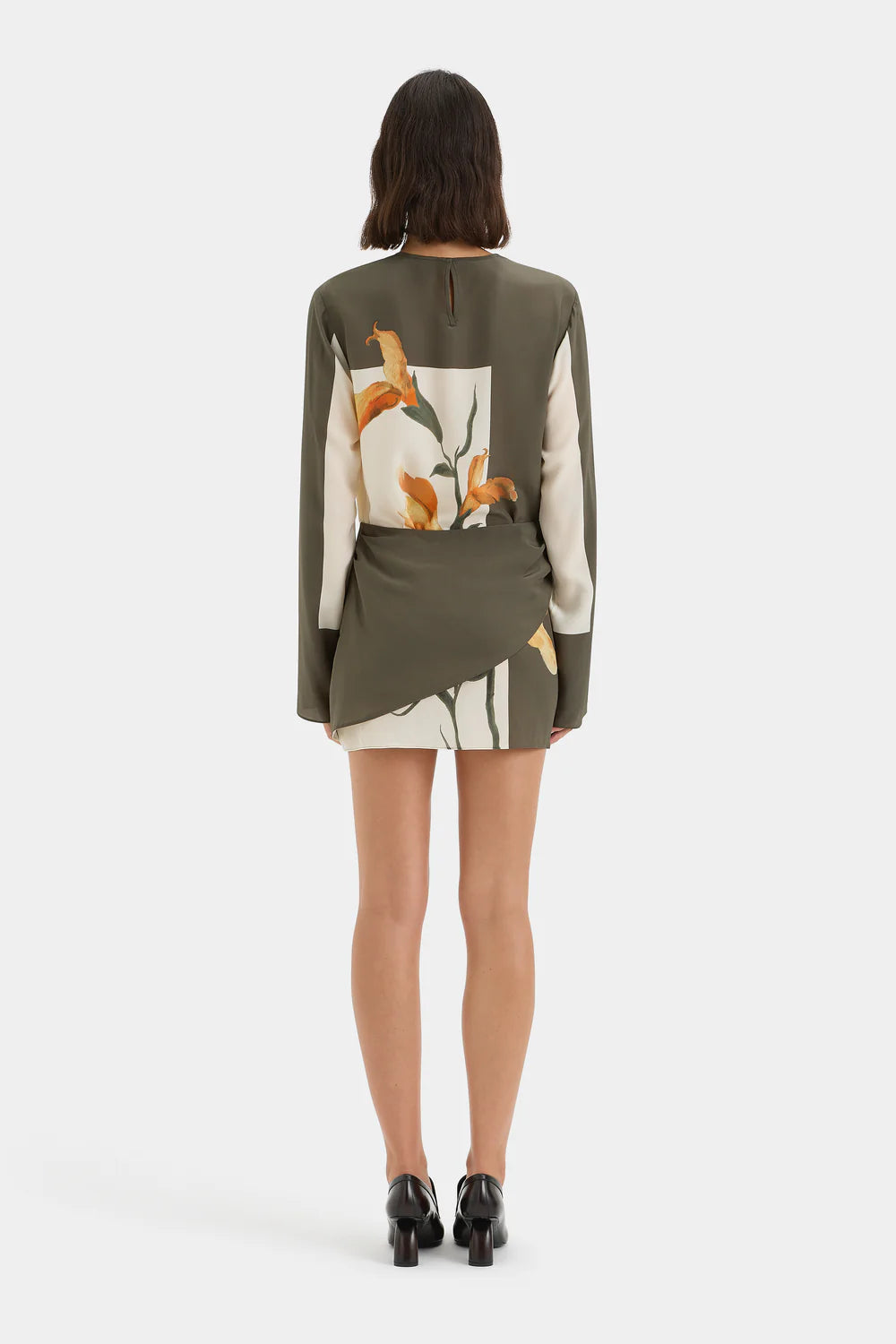 Constance Twist Mini Dress in olive with orange floral print — Sir The Label | Endless UAE