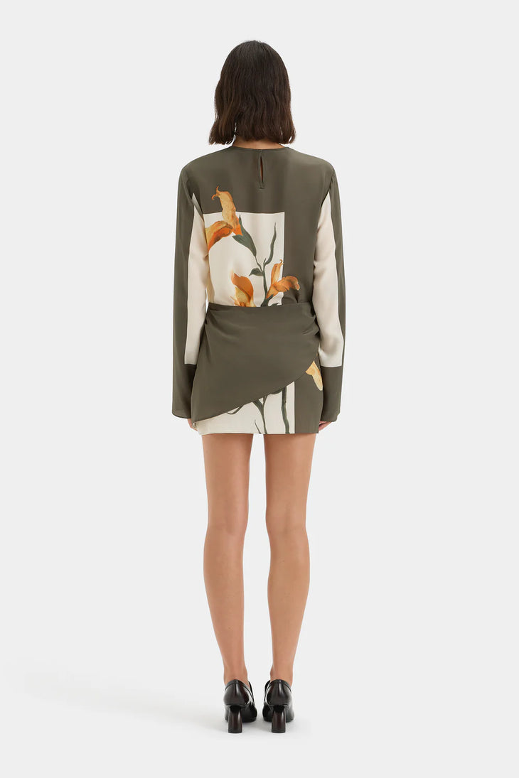 Constance Twist Mini Dress in olive with orange floral print — Sir The Label | Endless UAE