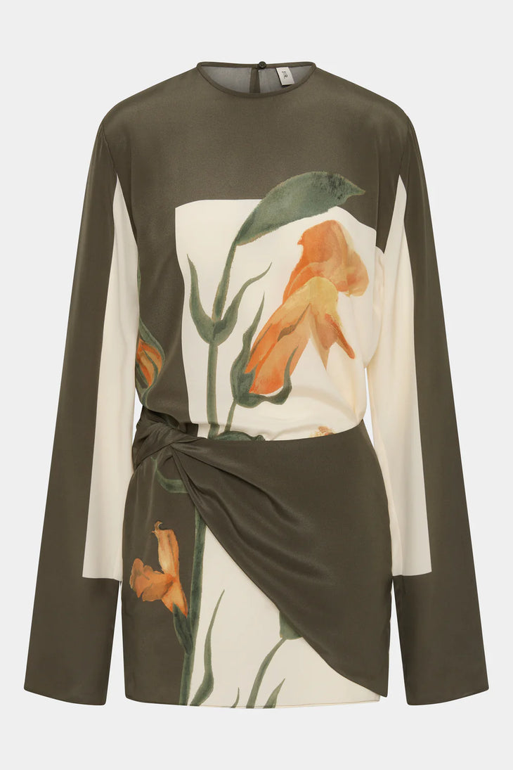 Constance Twist Mini Dress in olive with orange floral print — Sir The Label | Endless UAE