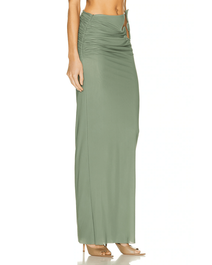 Sage green maxi skirt with ruched waist detail and sheer jersey fabric — Christopher Esber | Endless UAE